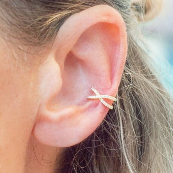 Gold Crossed Ear Cuff Adjustable No Piercing 18K Gold Plated CZ Crystals Earring - Picture 10 of 10